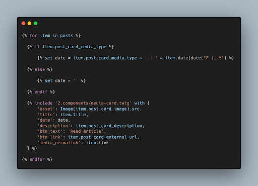 Code snippet showing a media card template with Twig for loops and conditional statements.