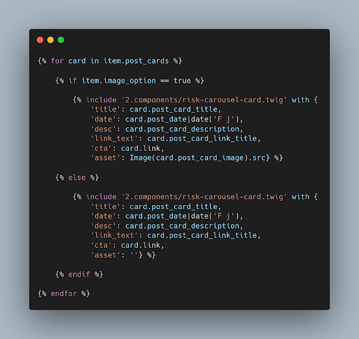 Code snippet with Twig syntax highlighting showing a for loop and conditional statements.