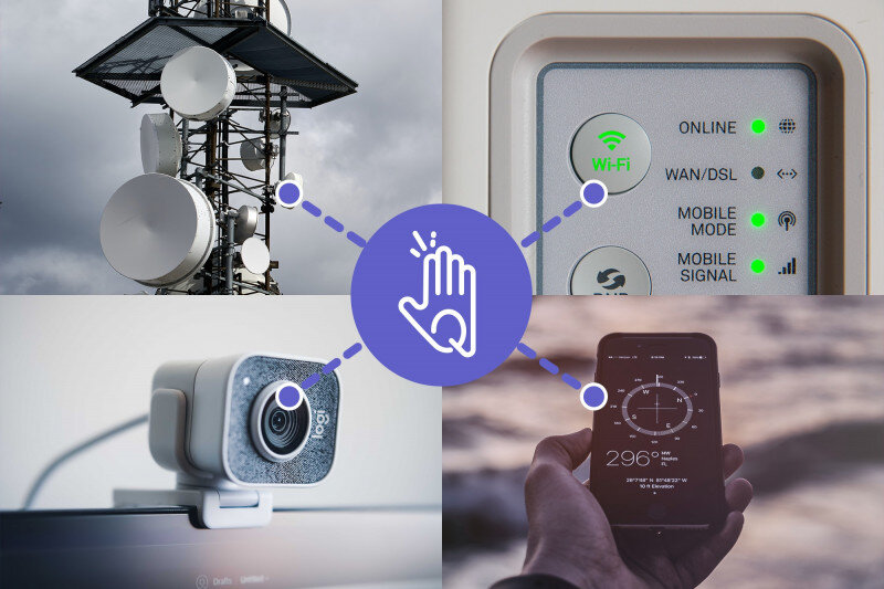 "Telecommunications concept with antenna, router, webcam, and smartphone."