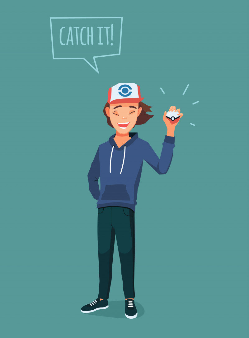 Cartoon character with cap holding a pokeball and speech bubble saying "Catch it!"