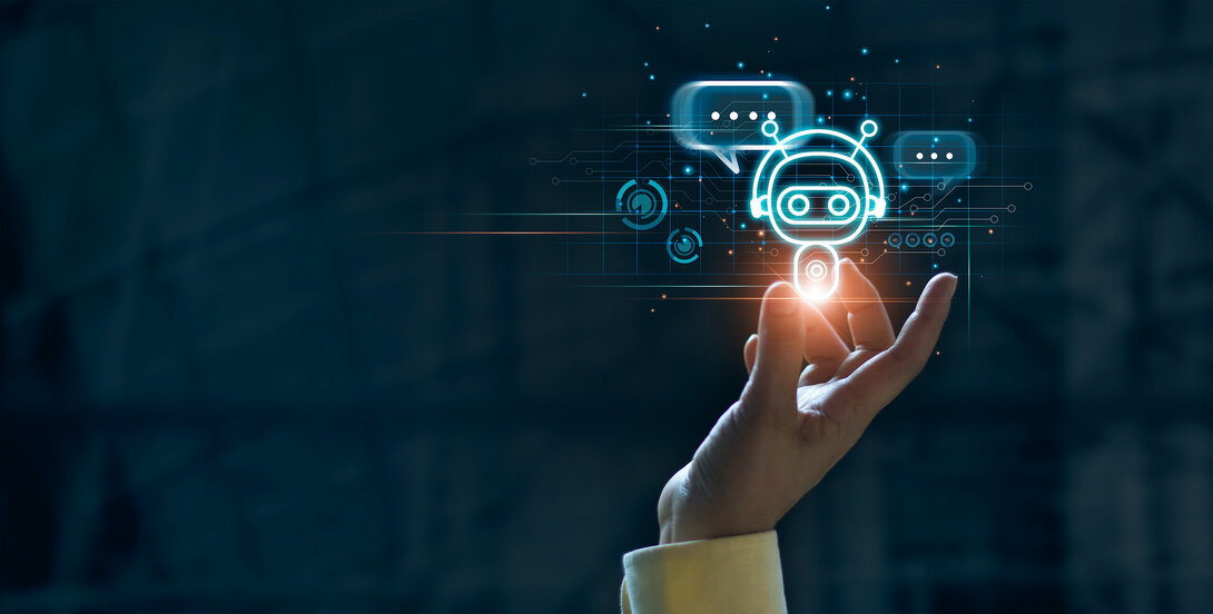 Hand reaching towards glowing AI chatbot icon in digital space.