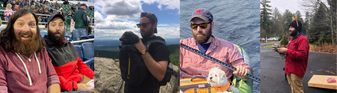Four outdoor scenes featuring bearded men in various activities, including hiking and kayaking with dogs.