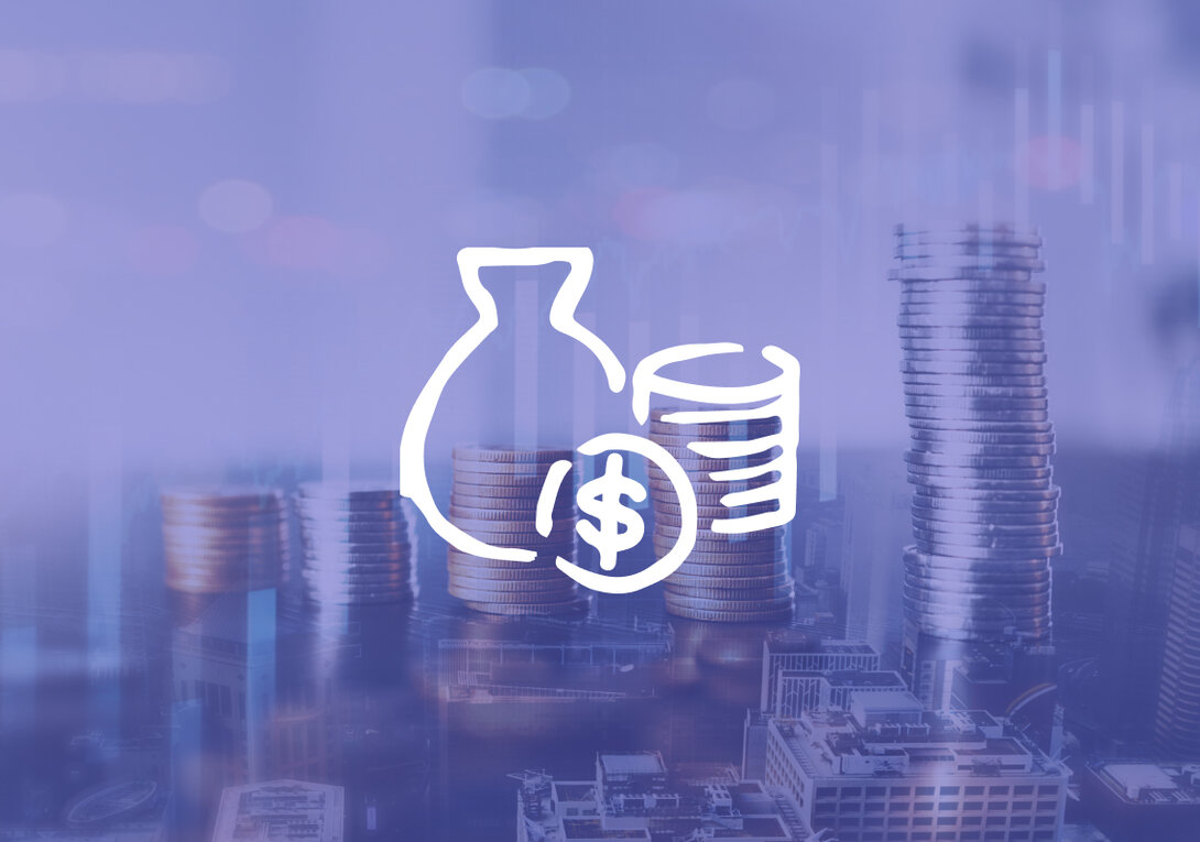 Money bag and coin stacks symbol over blurred cityscape background.