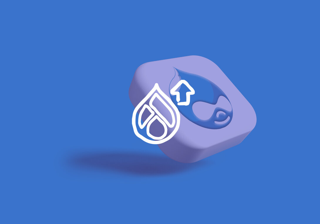 3D Drupal logo with upload icon on blue background.