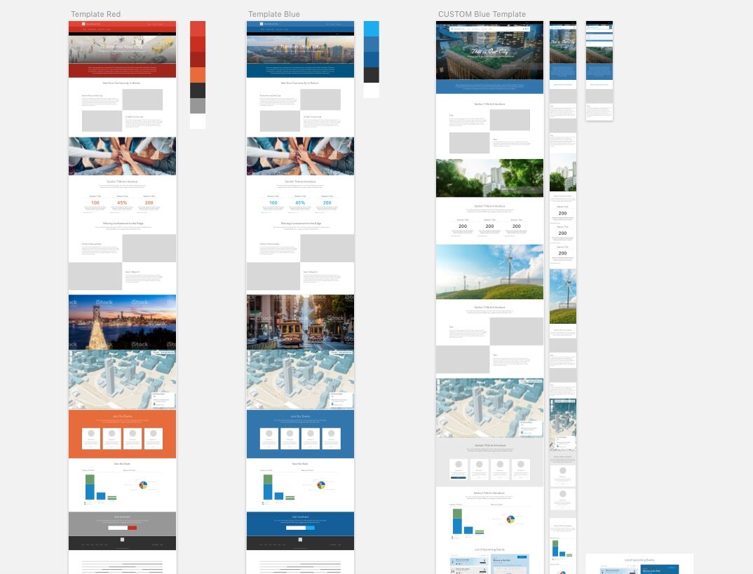 Three website template designs in red, blue, and custom blue with varying layouts.