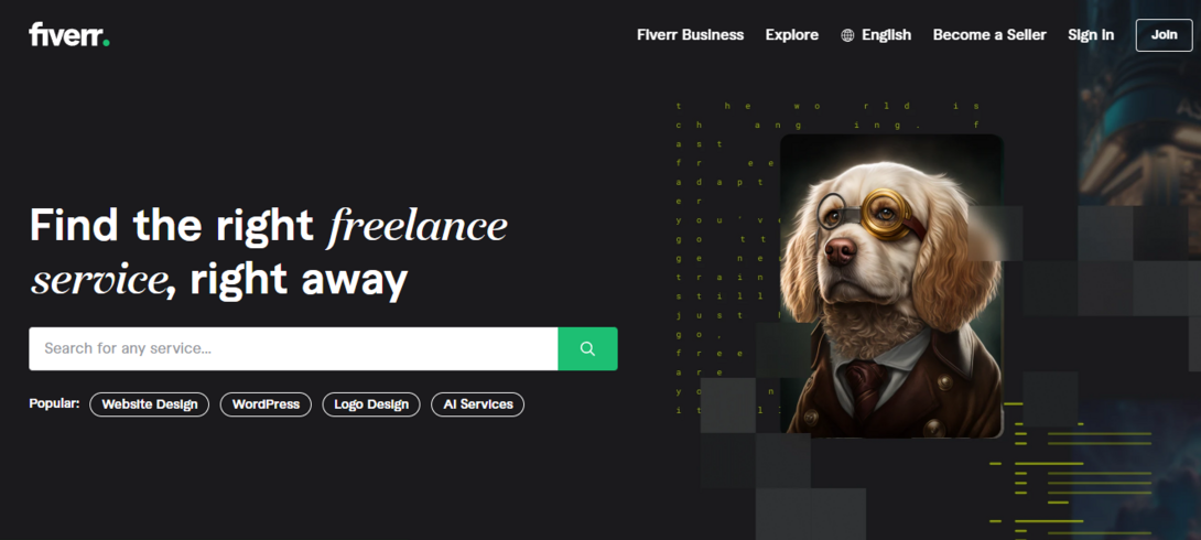Fiverr homepage with search bar and vintage-dressed dog illustration.