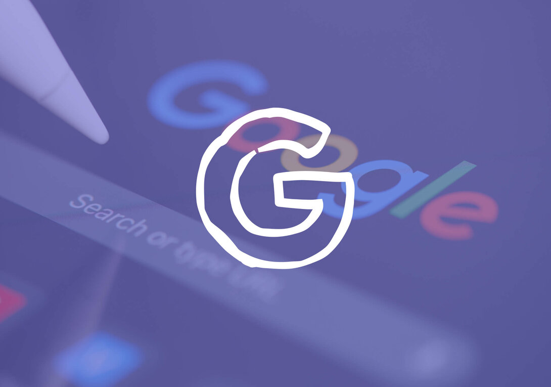 Stylized letter "G" over blurry Google search page on a purple background.