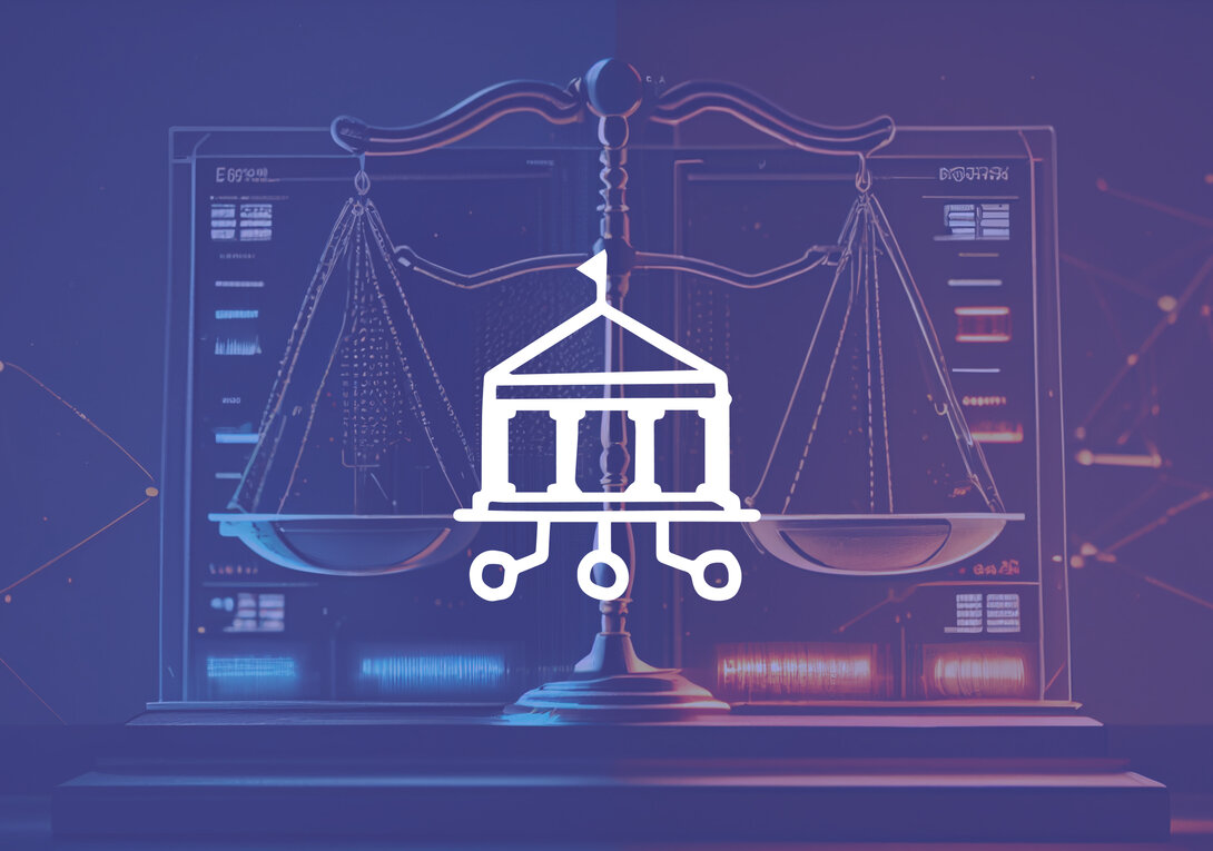 Digital scales and justice symbol against a technological background.