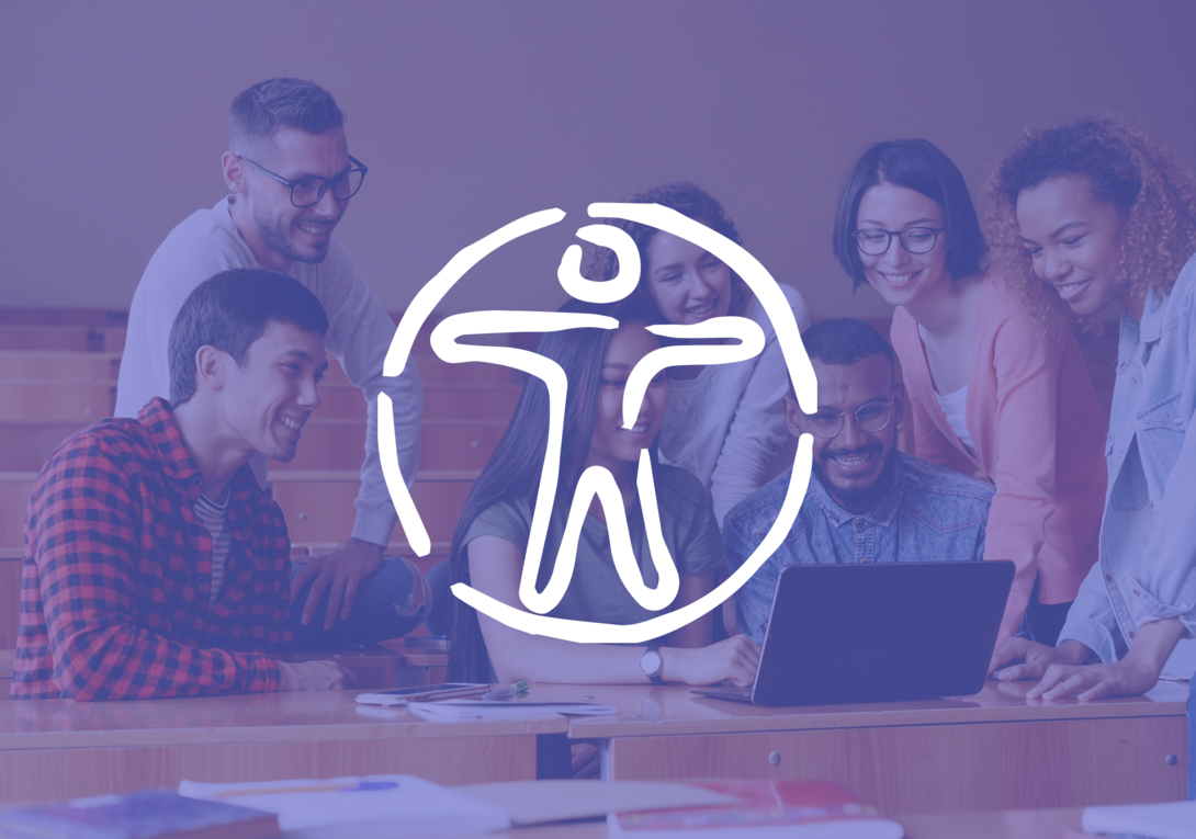 Diverse students collaborating on a laptop with an accessibility symbol overlay.