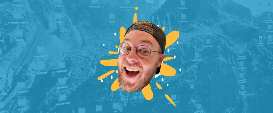 Smiling person with glasses and cap on blue background with yellow splash.