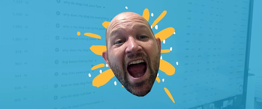 Man's face with open mouth on blue background with yellow splash design.