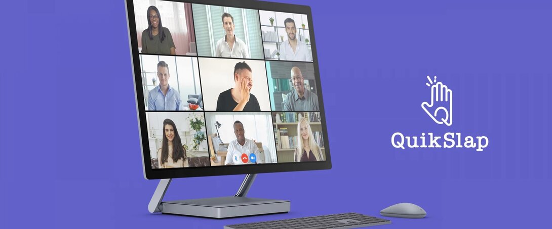 Online meeting displayed on a computer screen with QuikSlap logo on a purple background.