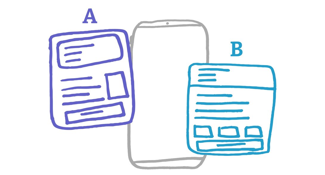 Mobile phone with A/B testing layout designs in purple and blue.