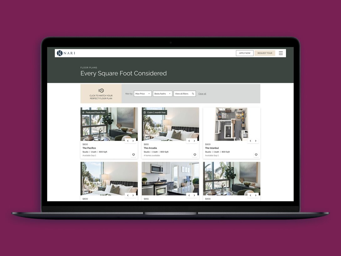 Apartment listings with floor plans displayed on a laptop screen.