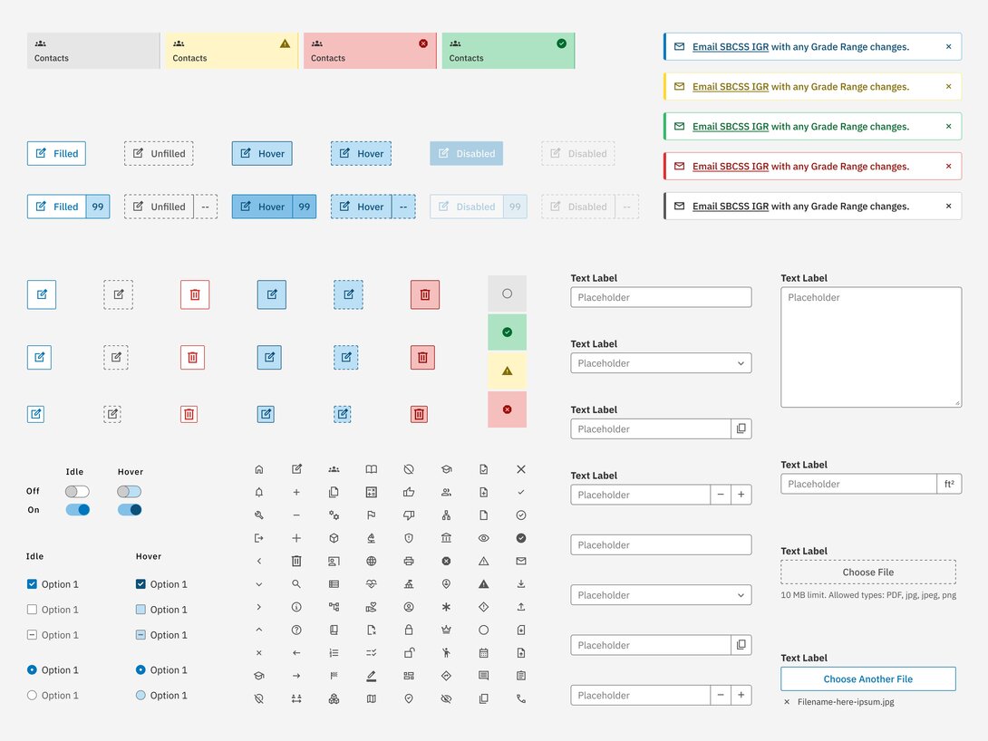 Various UI elements including buttons, toggles, and form fields showcased on a grid.