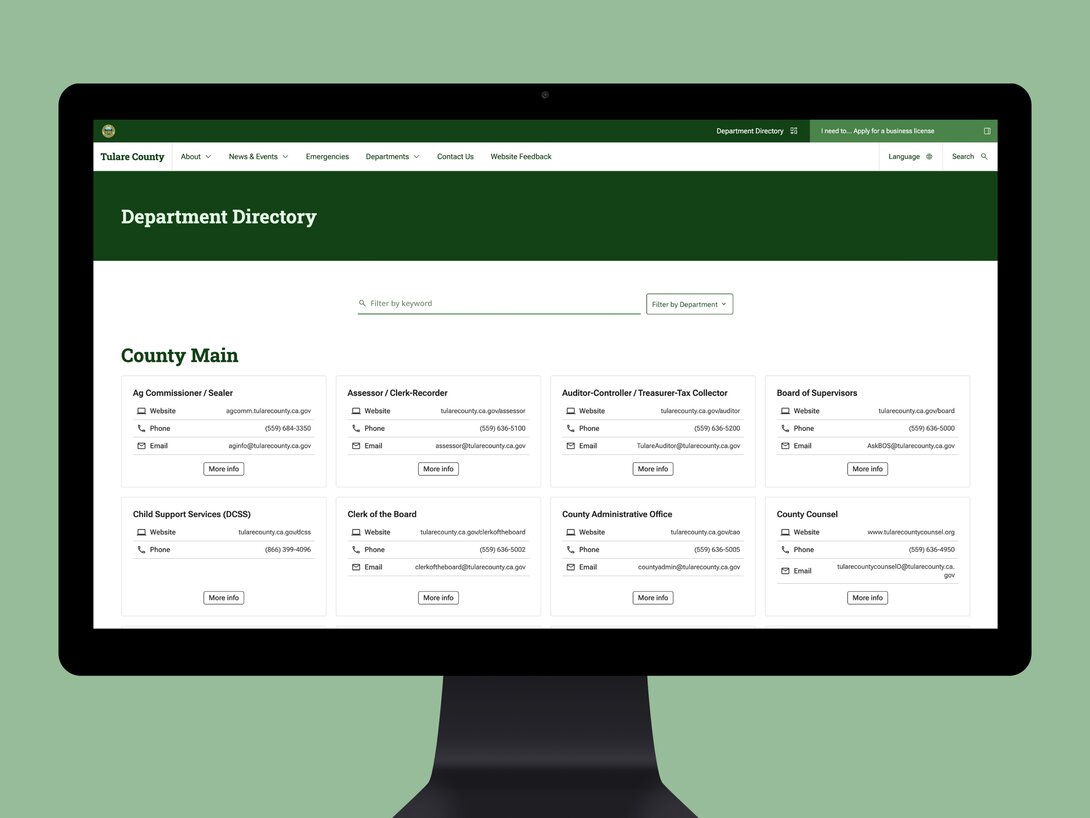 Tulare County department directory displayed on a computer screen.