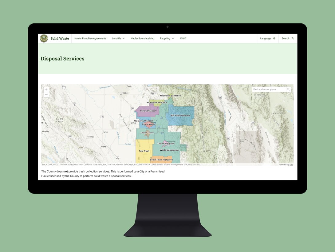 Computer screen displaying a solid waste disposal services map for Fresno County.