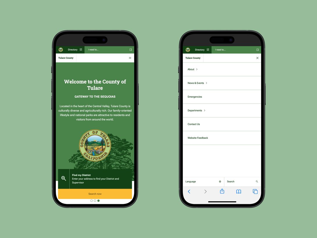 Tulare County website homepage and menu on mobile screens.