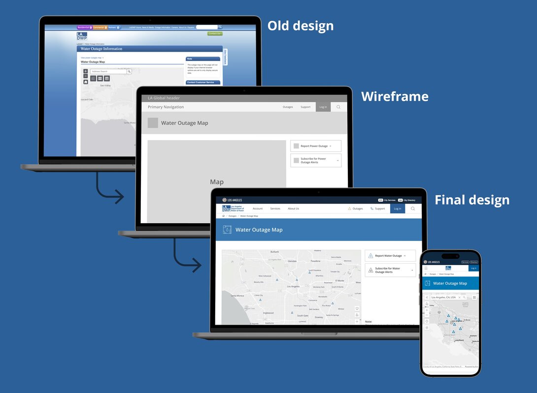 "Progression from old water outage map design to final responsive design."