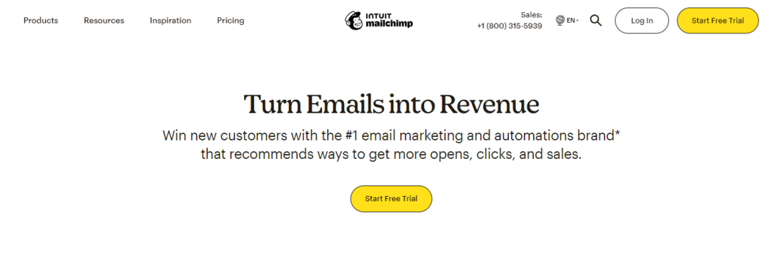 Mailchimp homepage promoting email marketing tools for increased revenue.