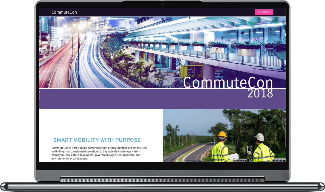 Laptop displaying CommuteCon 2018, focusing on smart mobility solutions.