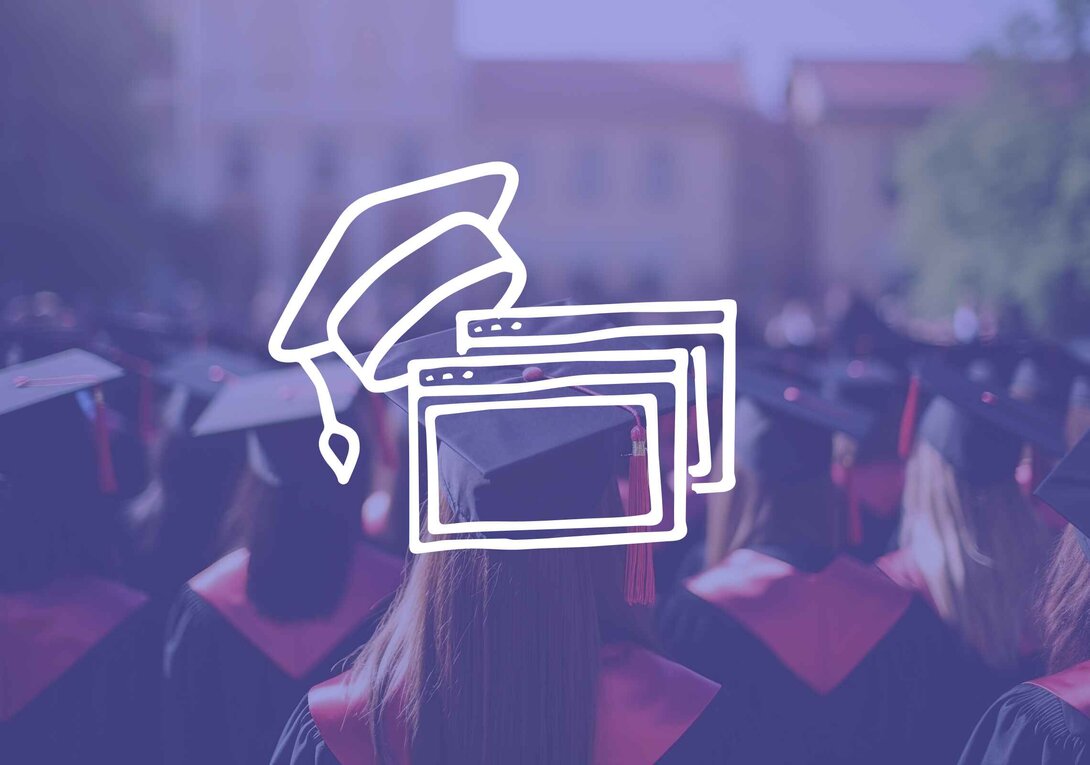 Graduates in caps and gowns with illustrated browser windows and graduation cap overlay.