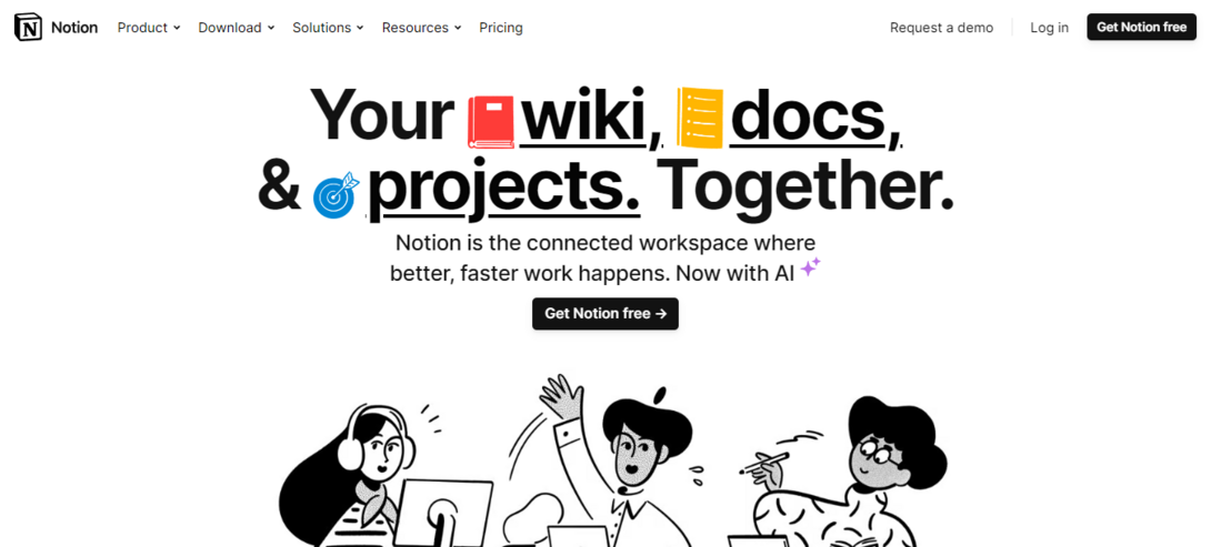 Notion workspace for wikis, docs, and projects with AI integration.