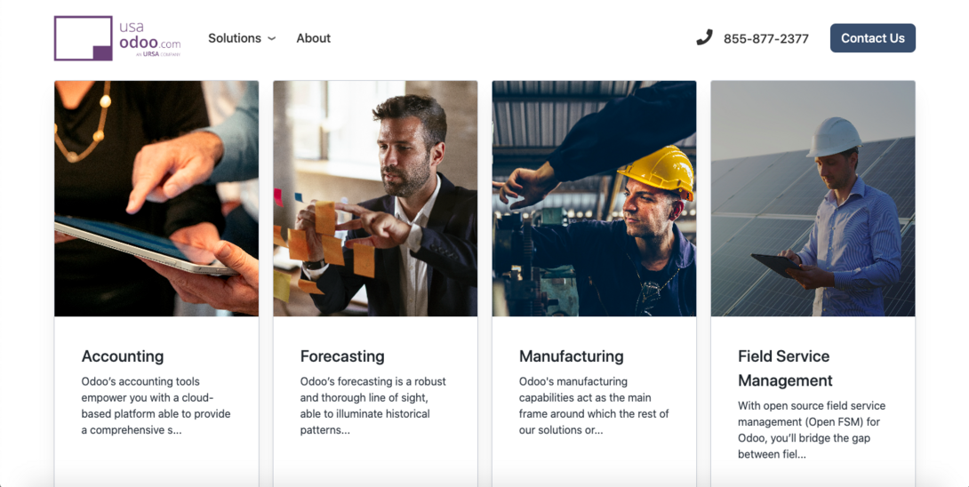 Odoo software solutions overview: accounting, forecasting, manufacturing, and field service management.