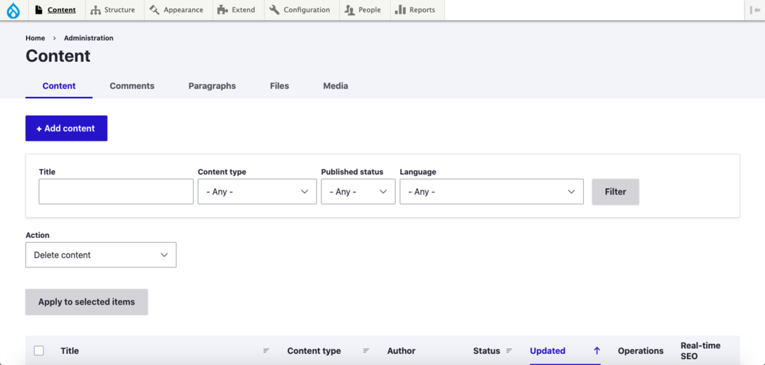 Drupal content management screen for adding and managing website content.