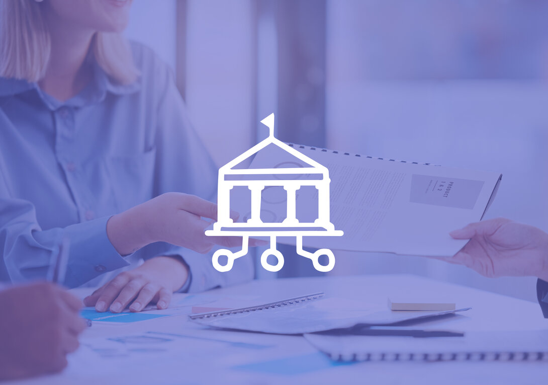 Business meeting with network connection icon overlay.