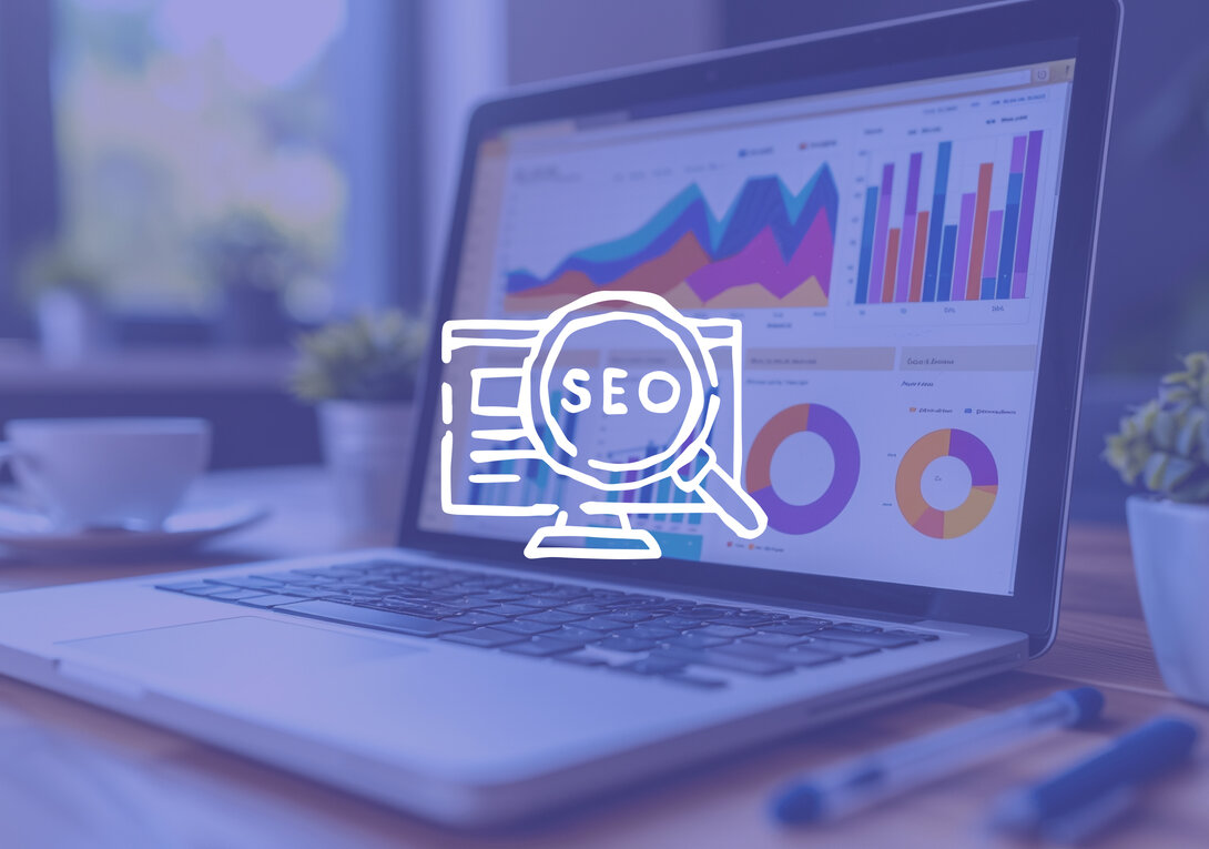 Laptop displaying colorful charts with SEO icon overlay