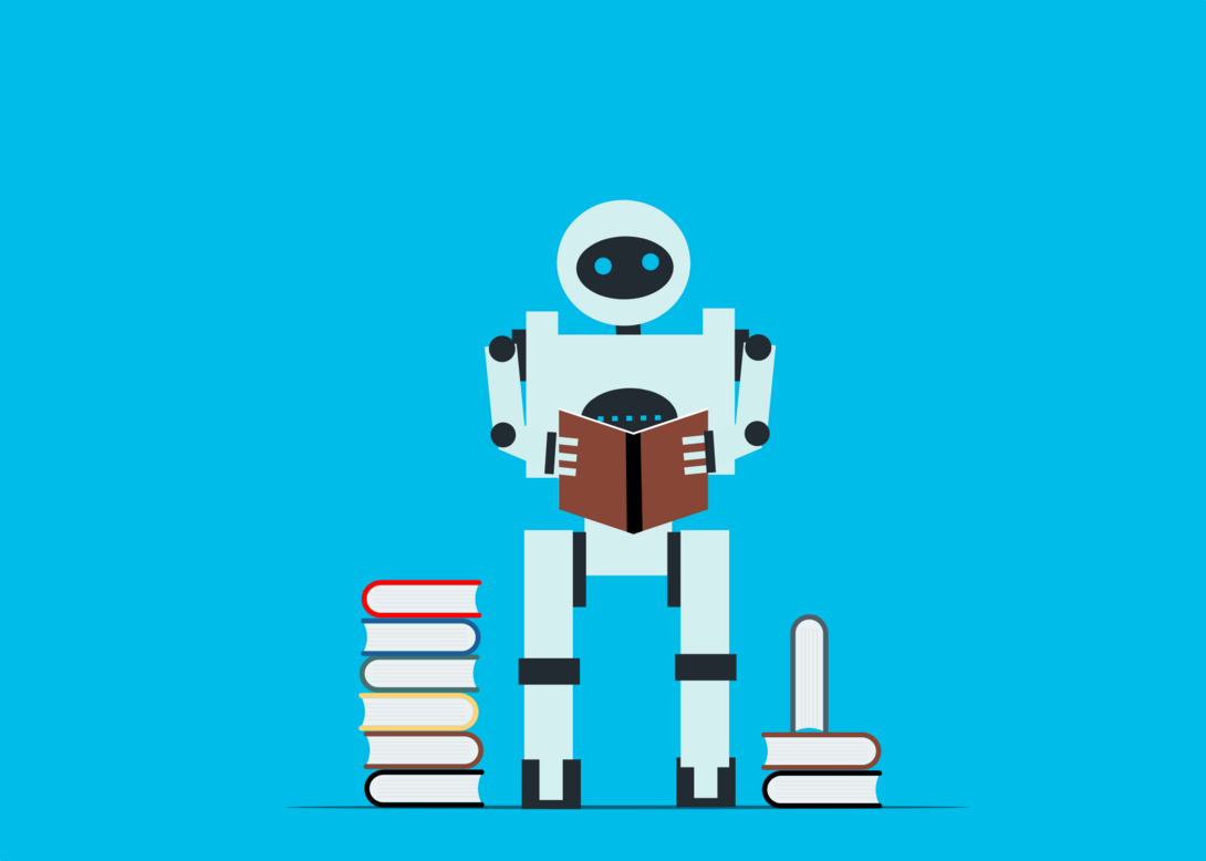 Illustration of a robot reading a book among stacks of books on a blue background.