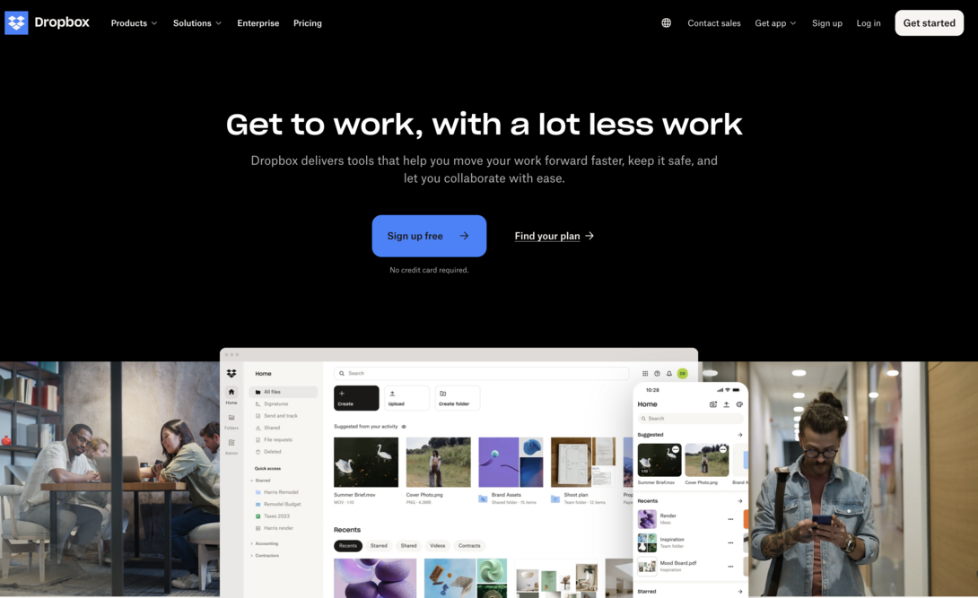 Dropbox homepage showcasing collaboration and file management tools.