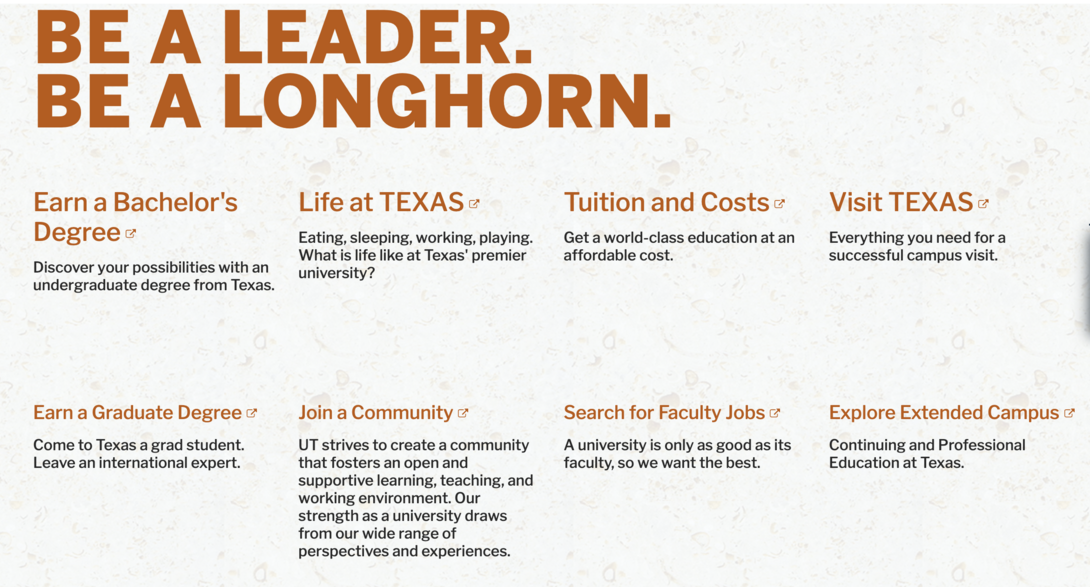 "Promotional text encouraging leadership and opportunities at the University of Texas."