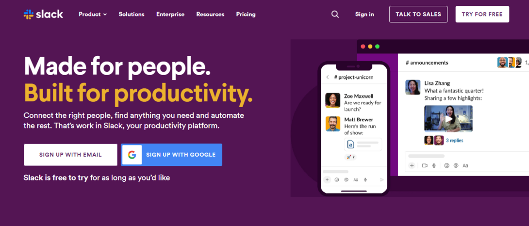 Slack homepage promoting productivity with communication features on desktop and mobile.