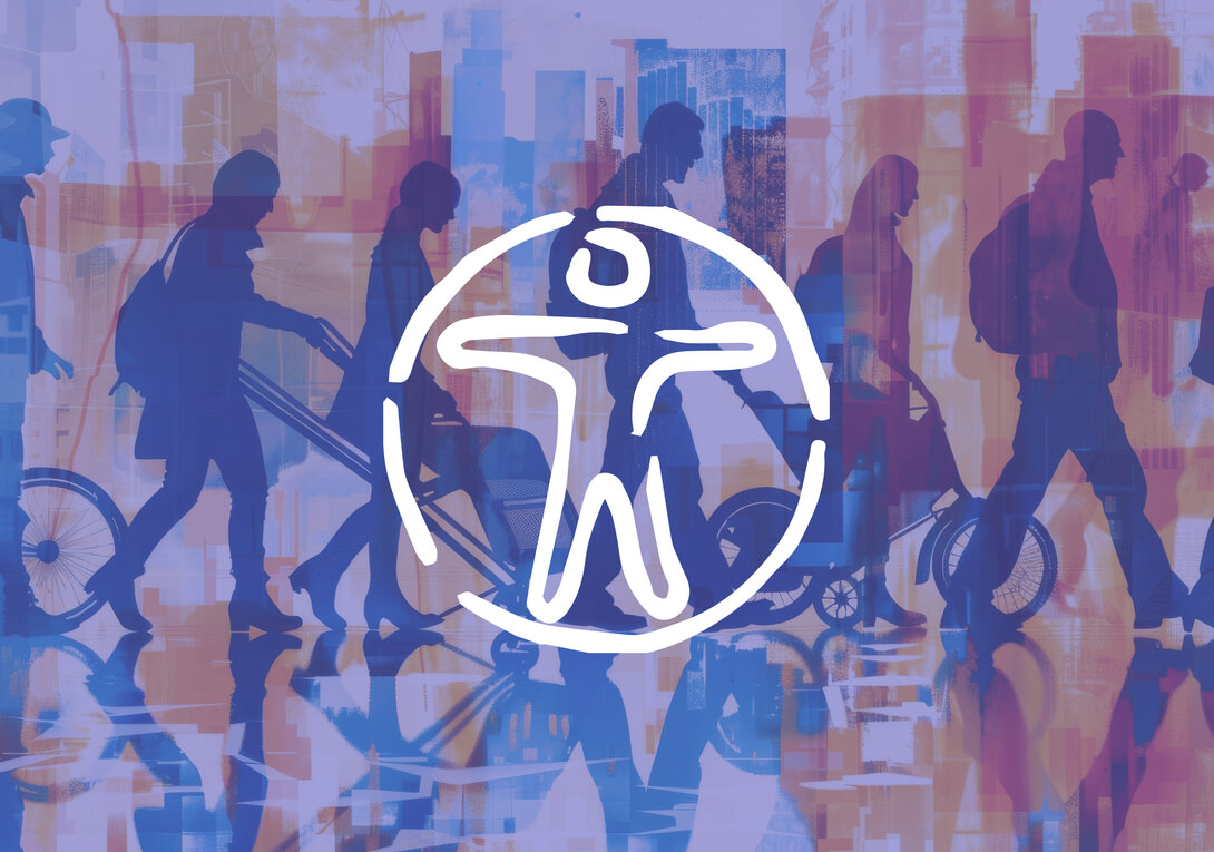 "Silhouettes of people walking with large accessibility symbol overlay."