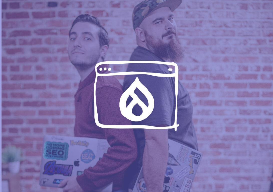Two men back-to-back holding laptops with a Drupal logo overlay.