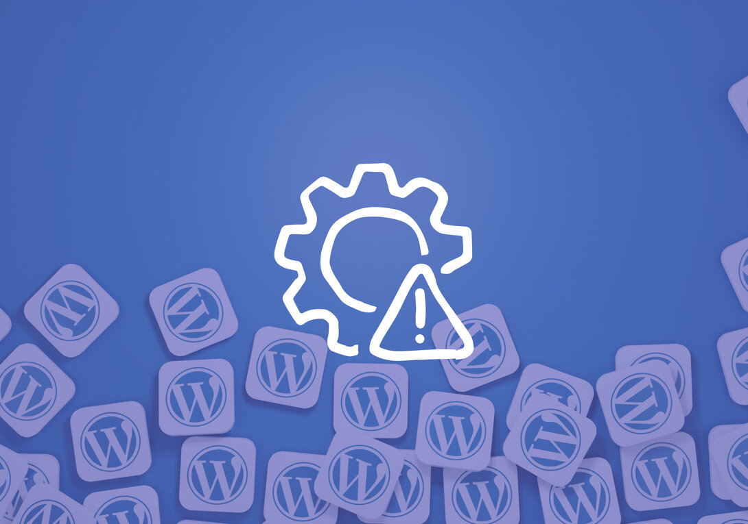 WordPress logo with a gear and warning icon on a blue background.